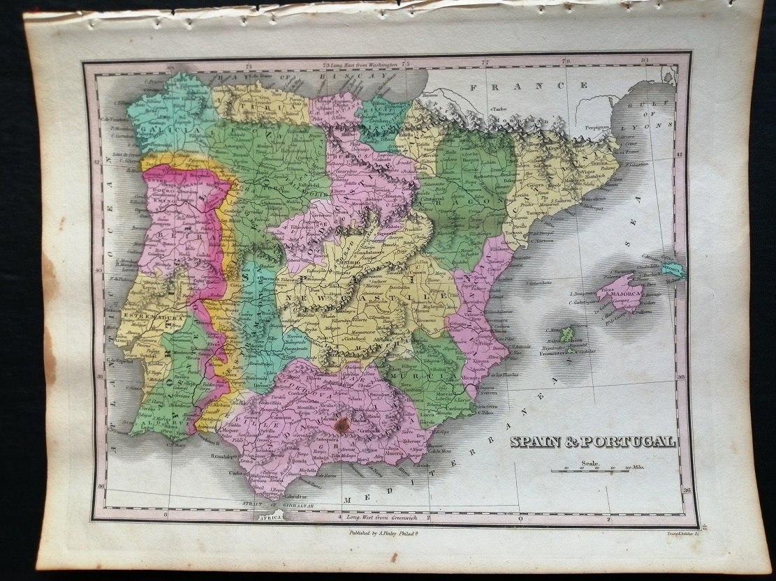 Антикварная карта Испании и Португалии 1824 год.