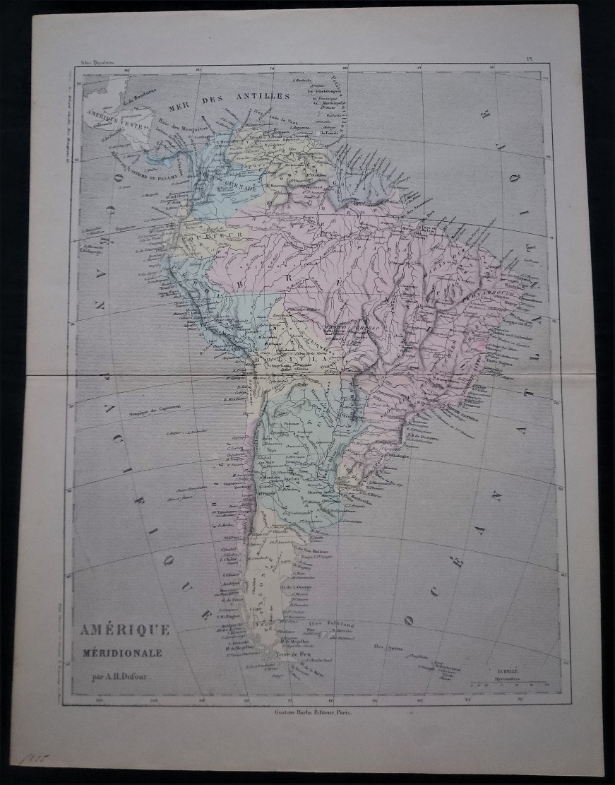 Антикварная карта Южной Америки 1855 год.