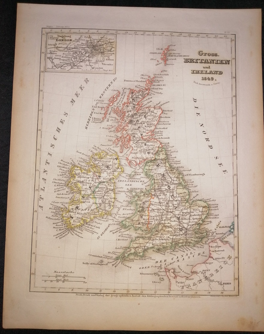 Антикварная карта Великобритании 1849 год.