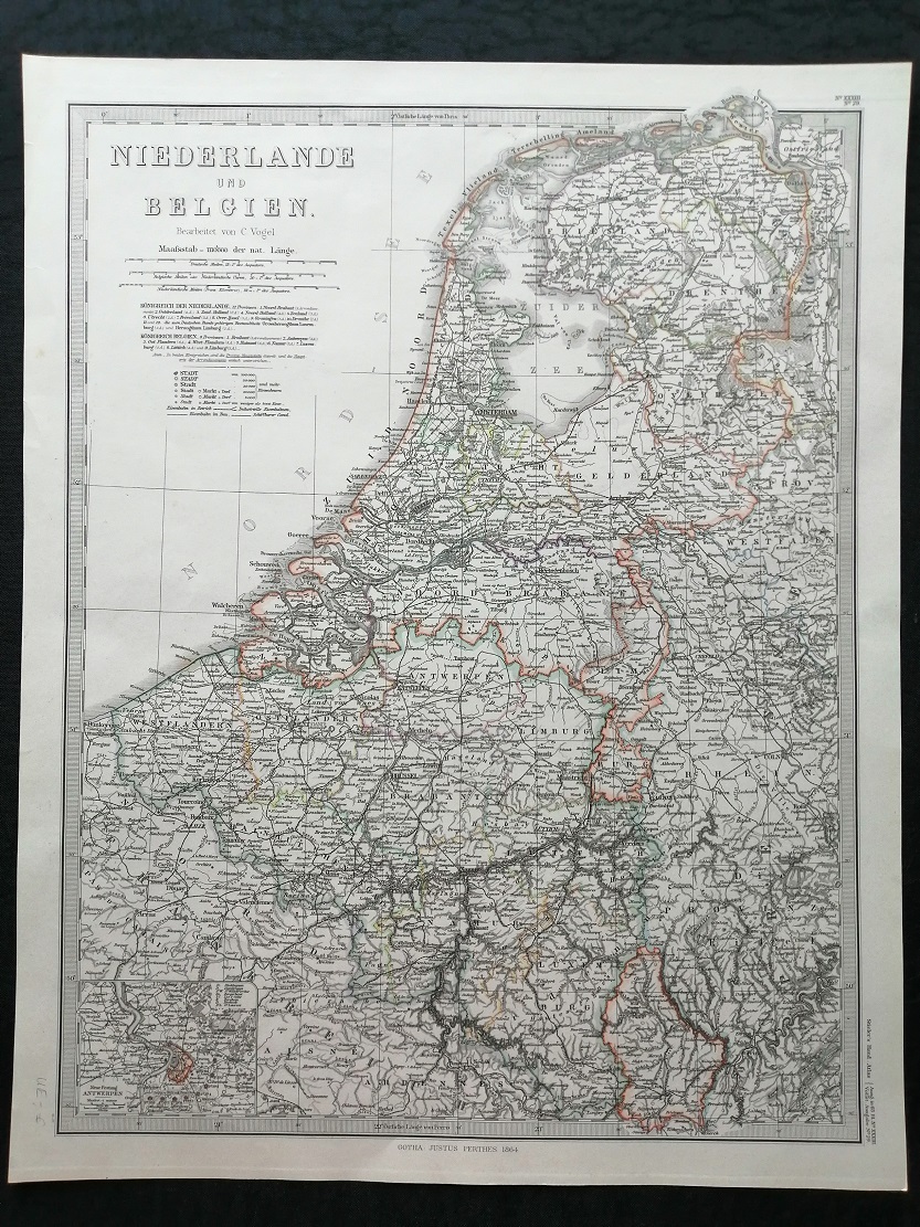 Антикварная карта Голландии и Бельгии 1864 год.