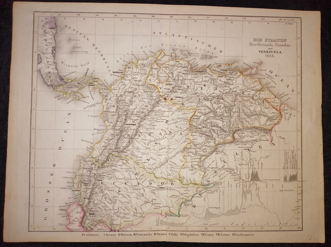 Антикварная карта Колумбии, Эквадора и Венесуэлы 1858 год.