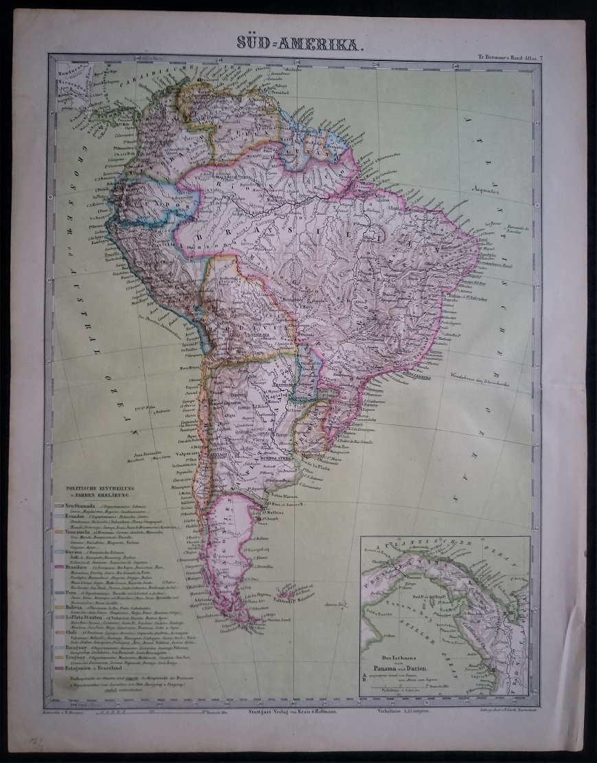 Антикварная карта Южной Америки 1862 год.