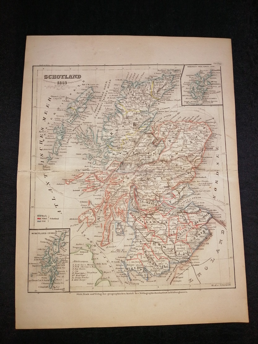 Антикварная карта Шотландии 1859 год.